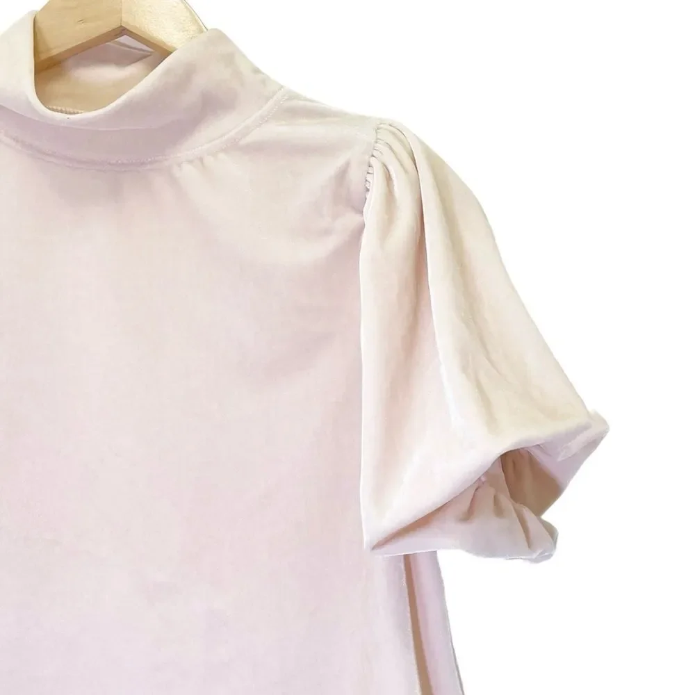 Free People Claudia Velvet Tee Puff Sleeve Mockneck Top Ballet Pink Size XS